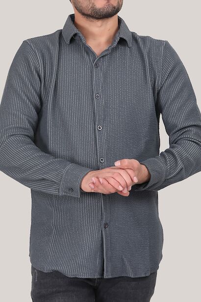 Erkek Çizgili Uzun Kol Düğmeli Gömlek  Lacivert