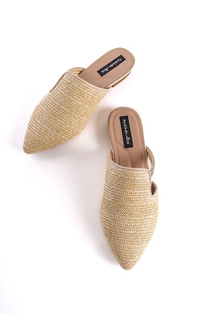 Bej Hasır Sivri Burunlu Kadın Terlik Kinoa  Bej 6