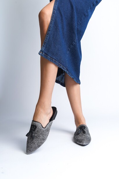 Kadın Bej Hasır Sivri Burunlu Terlik Tona 