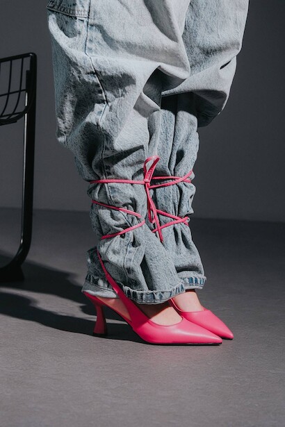 Fuşya Cilt Bilekten Bağlamalı Kadın Topuklu Ayakkabı Sise   