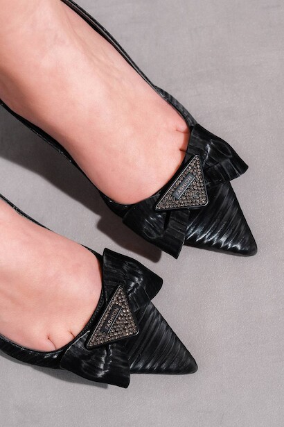 Kadın Taş Bant Kısa Platform Topuklu Ayakkabı Gieda Siyah Saten  4