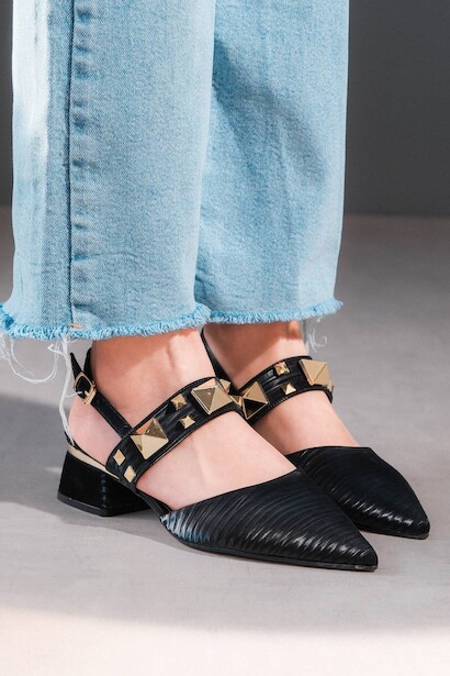Kadın Gold Taşlı Kısa Topuklu Ayakkabı  Siyah