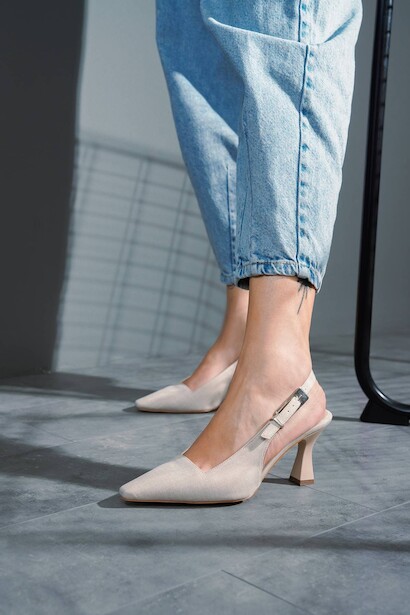 Bej Kot Tasarım Tokalı Kadın Topuklu Ayakkabı Niola  Ten Saten  6