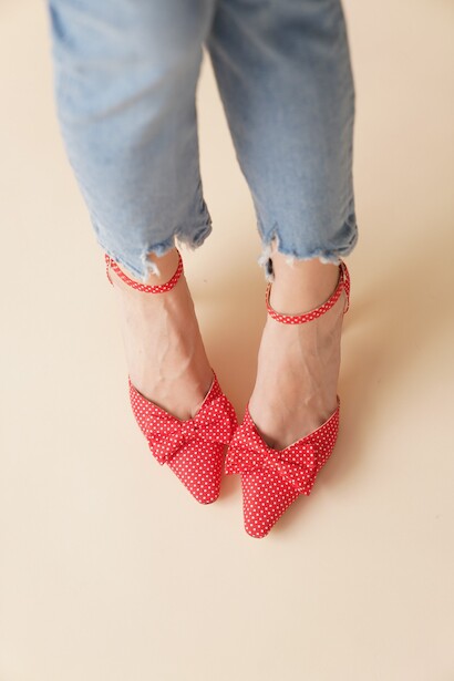 Kadın Puantiyeli Papyon Detay Topuklu Ayakkabı Pitirella  Kırmızı 6