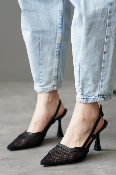 Siyah Cilt Fileli Tasarım Kadın Topuklu Ayakkabı Tatiana 