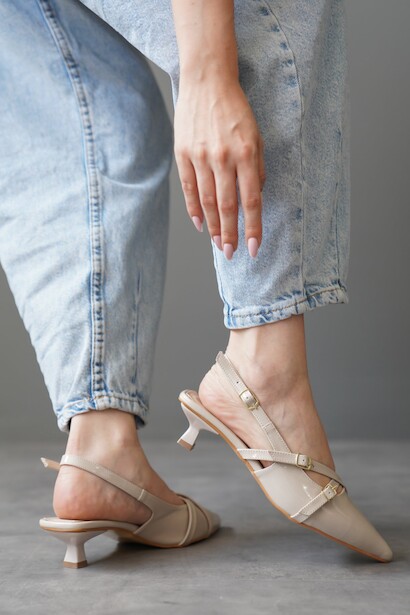 Kadın Çift Biyeli Mini Topuklu Ayakkabı Seeroi  Bej 4