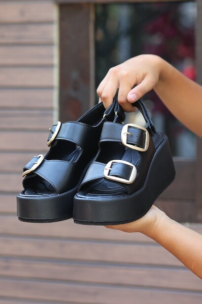 Kadın İki Tokalı Kalın Tabanlı Sandalet Tiny  Siyah Cilt 4