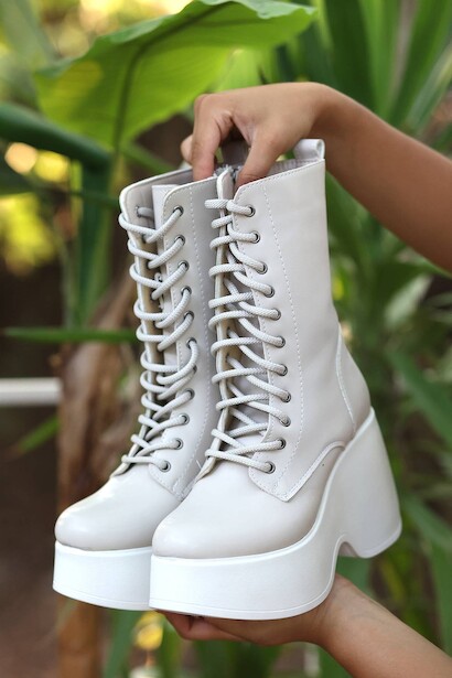 Kadın Dolgu Topuk Bağcıklı Bot Zina Bej  Bej 4