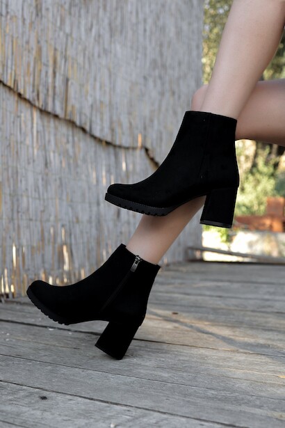 Kadın Fermuarlı Kısa Topuklu Bot Harel Siyah Süet 