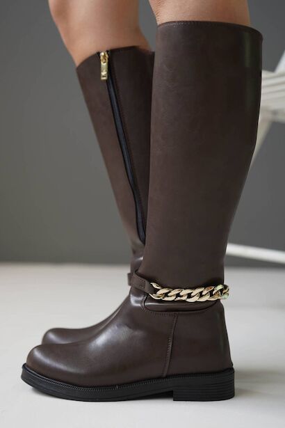 Kadın Zincir Tokalı Düz Çizme Kloria  Kahverengi 4