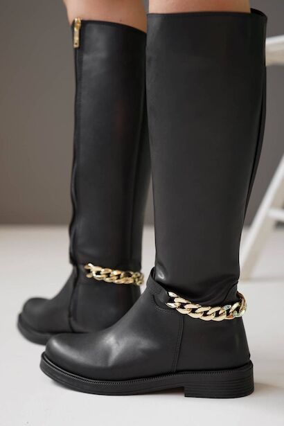 Kadın Zincir Tokalı Düz Çizme Kloria  Siyah 4