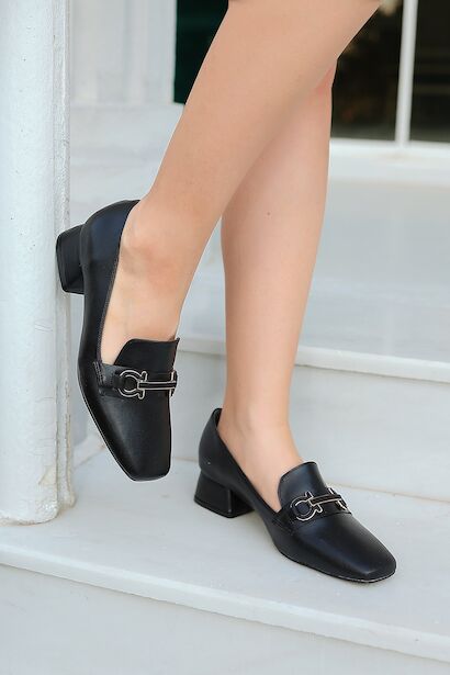 Kadın Kısa Topuklu Burnu Kapalı Topuklu Ayakkabı Dior  Siyah 4