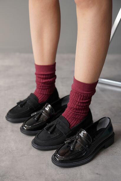 Kadın Püskül Tokalı Loafer Günlük Ayakkabı Livora  Siyah Rugan 6