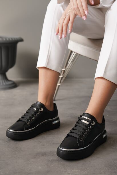 Kadın Yumuşak Taban Bağcıklı Sneaker Ramza  Siyah 6