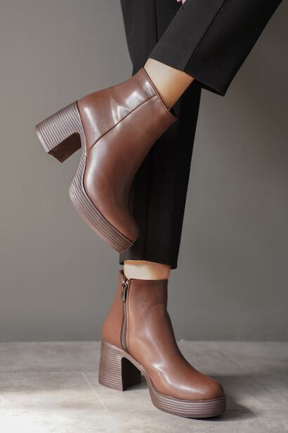 Kadın Kısa Topuklu Platform Bot Gona  Taba Cilt 4