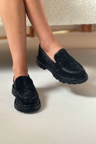 Kadın Parlak Taş Detaylı Loafer Günlük Ayakkabı Glisera  Siyah
