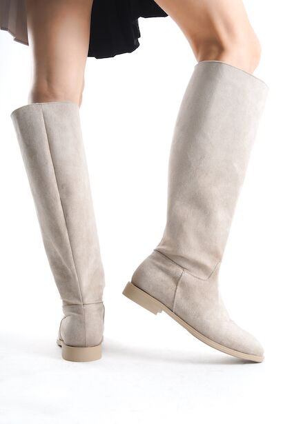 Kadın Fermuarsız Diz Altı Düz Çizme Roaley  Bej 4