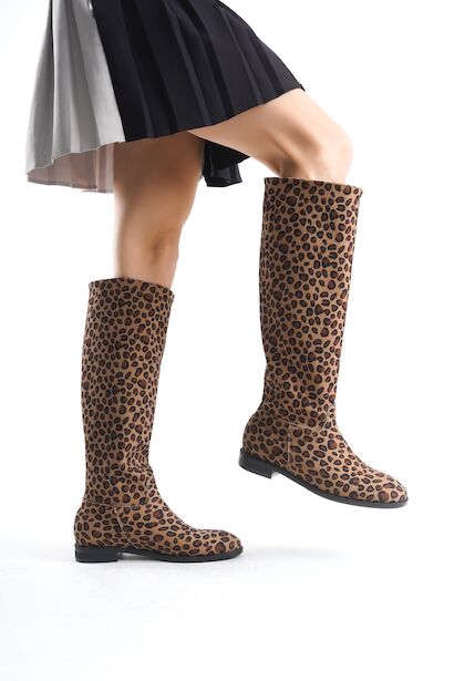 Kadın Fermuarsız Diz Altı Düz Çizme Roaley  Leopar 4