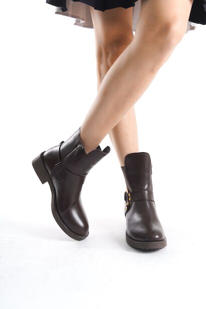 Kadın Tasarım Toka Detay Mini Topuklu Bot Bliona  Kahverengi 4