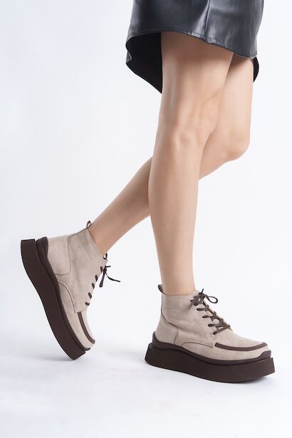 Kadın Bağcıklı Tasarım Kadın Düz Bot Bacika  Bej 4