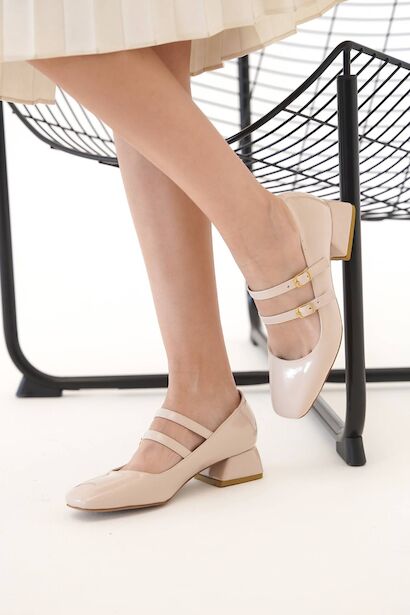 Kadın İki Baret Kısa Topuklu Ayakkabı Alara  Bej 4
