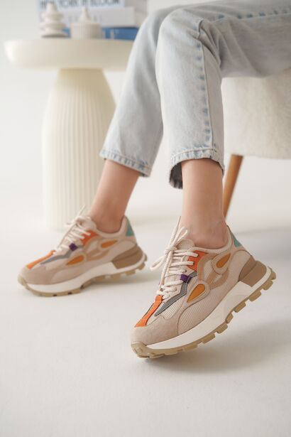 Kadın Tasarım Taban Fileli Bağcıklı Sneaker Lova  Bej 4