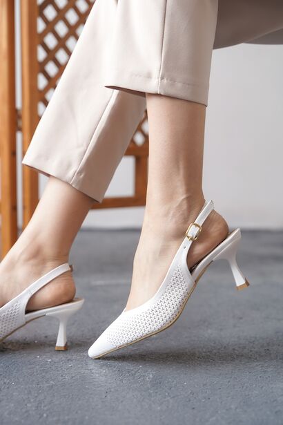 Kadın Arkası Açık Lazer Delikli Orta Topuklu Ayakkabı Coan  Beyaz Cilt  4