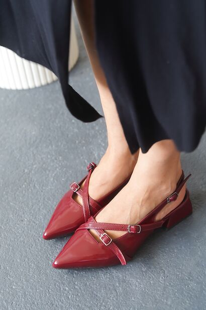 Kadın İki Baretli Kısa Kalın Topuklu Ayakkabı Livoya Bordo