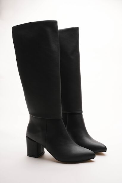 Kadın Fermuarsız Kısa Topuklu Diz Altı Çizme Alea  Siyah Cilt