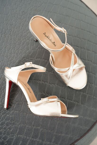 Kadın Çift Bantlı Tasarım Topuklu Ayakkabı Liona  Gümüş 6