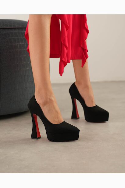 Kadın Özel Tasarım Orta Topuklu Topuklu Ayakkabı Mila  Siyah Süet 6