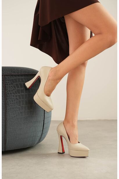 Kadın Özel Tasarım Orta Topuklu Topuklu Ayakkabı Mila  Bej 6