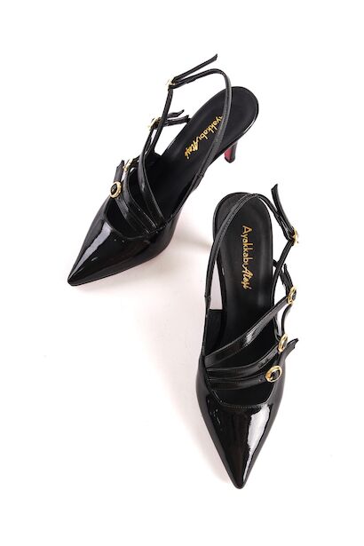 Kadın Üç Bant Tokalı Kısa Topuklu Ayakkabı Royal  Siyah Rugan 4