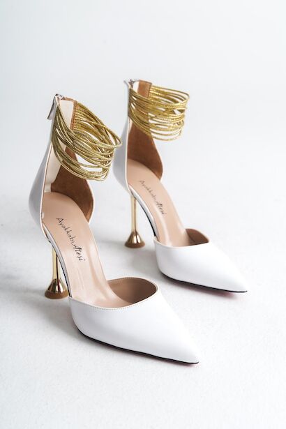 Kadın Gold Biye Detay Tasarım Topuklu Ayakkabı Coni 