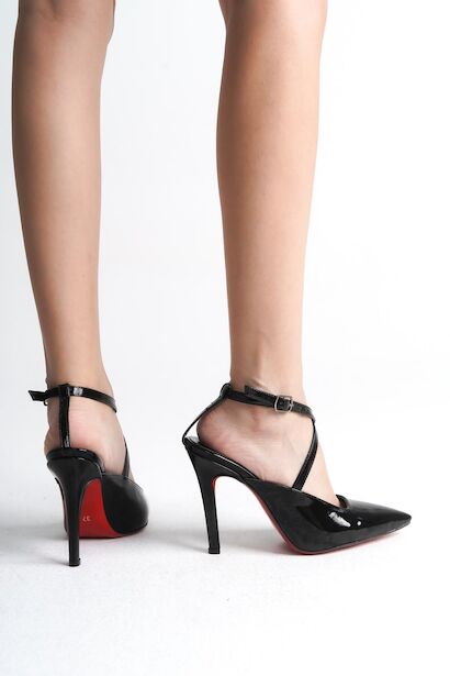 Kadın Arka Açık Tasarım İnce Topuklu Ayakkabı Rileyya  Siyah Rugan 4