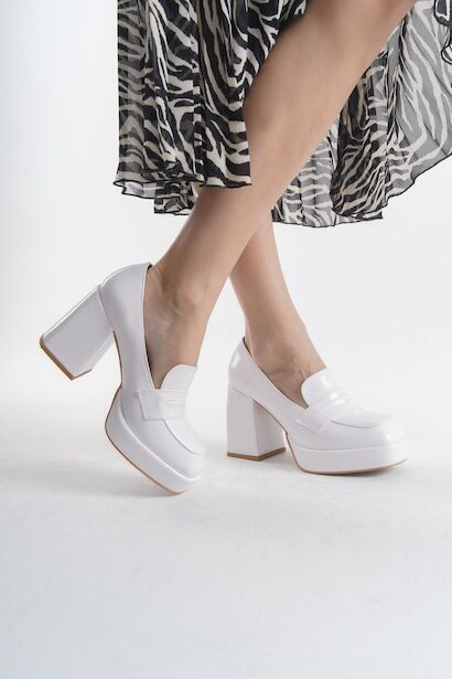 Kadın Platform Kalın Topuklu Loafer Harrie  Beyaz Rugan  4