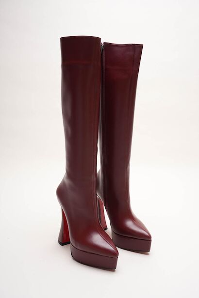 Kadın Sivri Burun Platform Çizme Violet  Bordo