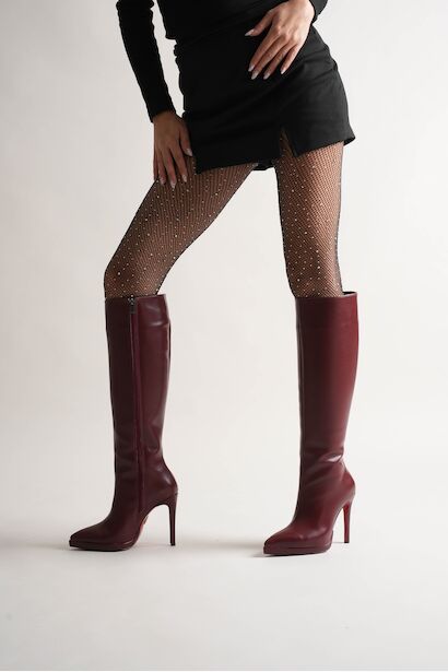Kadın Diz Altı Kısa Platform Topuklu Çizme Amazen  Bordo 6