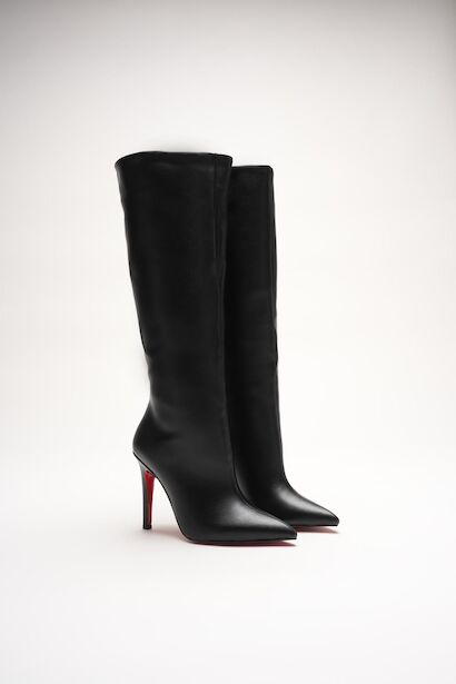 Kadın Sivri Burun Fermuarsız İnce Topuklu Diz Altı Çizme Monias  Siyah Cilt