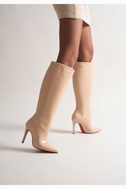 Kadın Sivri Burun Fermuarsız İnce Topuklu Diz Altı Çizme Monias  Nude Rugan 6