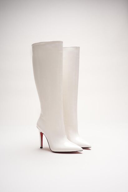 Kadın Sivri Burun Fermuarsız İnce Topuklu Diz Altı Çizme Monias  Beyaz Rugan 