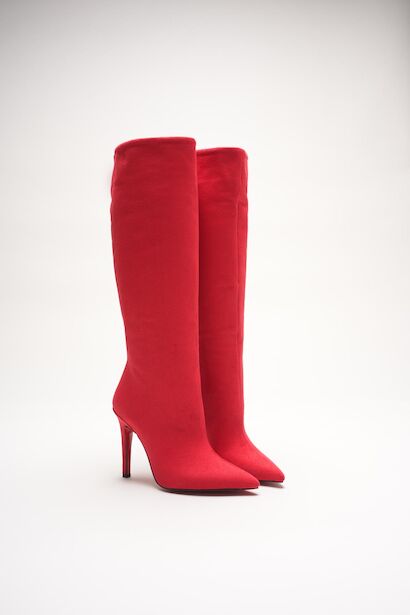 Kadın Sivri Burun Fermuarsız İnce Topuklu Diz Altı Çizme Monias  Kırmızı Süet
