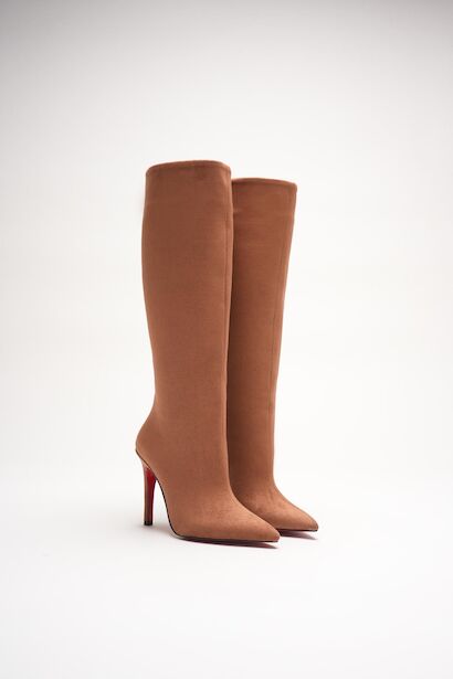 Kadın Sivri Burun Fermuarsız İnce Topuklu Diz Altı Çizme Monias  Taba Süet