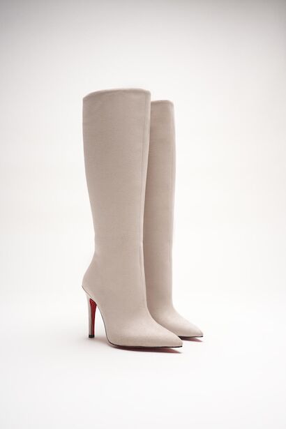 Kadın Sivri Burun Fermuarsız İnce Topuklu Diz Altı Çizme Monias  Bej Süet