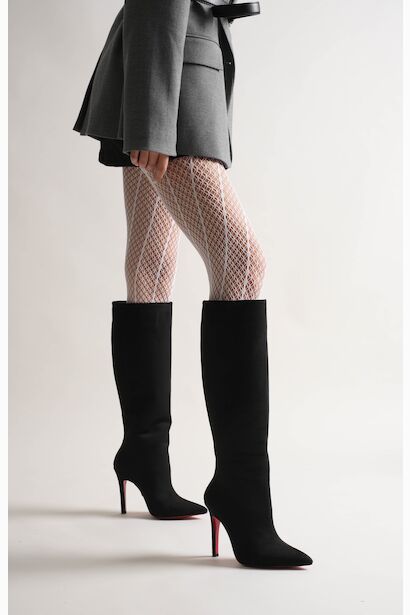 Kadın Sivri Burun Fermuarsız İnce Topuklu Diz Altı Çizme Monias  Siyah Süet 6